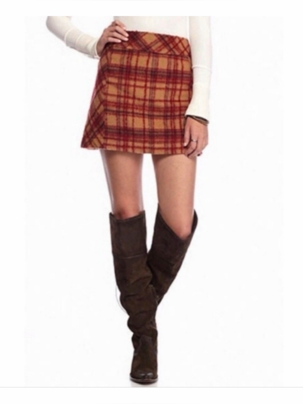 FREE PEOPLE Zip It Plaid Wool Blend Mini Skirt Red Camel Sz 12 Academia Fall
